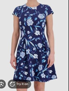 DKNY Navy Blue Floral Fit & Flare Dress Size 2 NWT Cap Sleeve Knee Length Dress